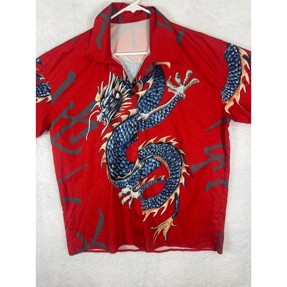Red Dragon Graphic Print Camp Shirt Button‎ Up Short Sleeve